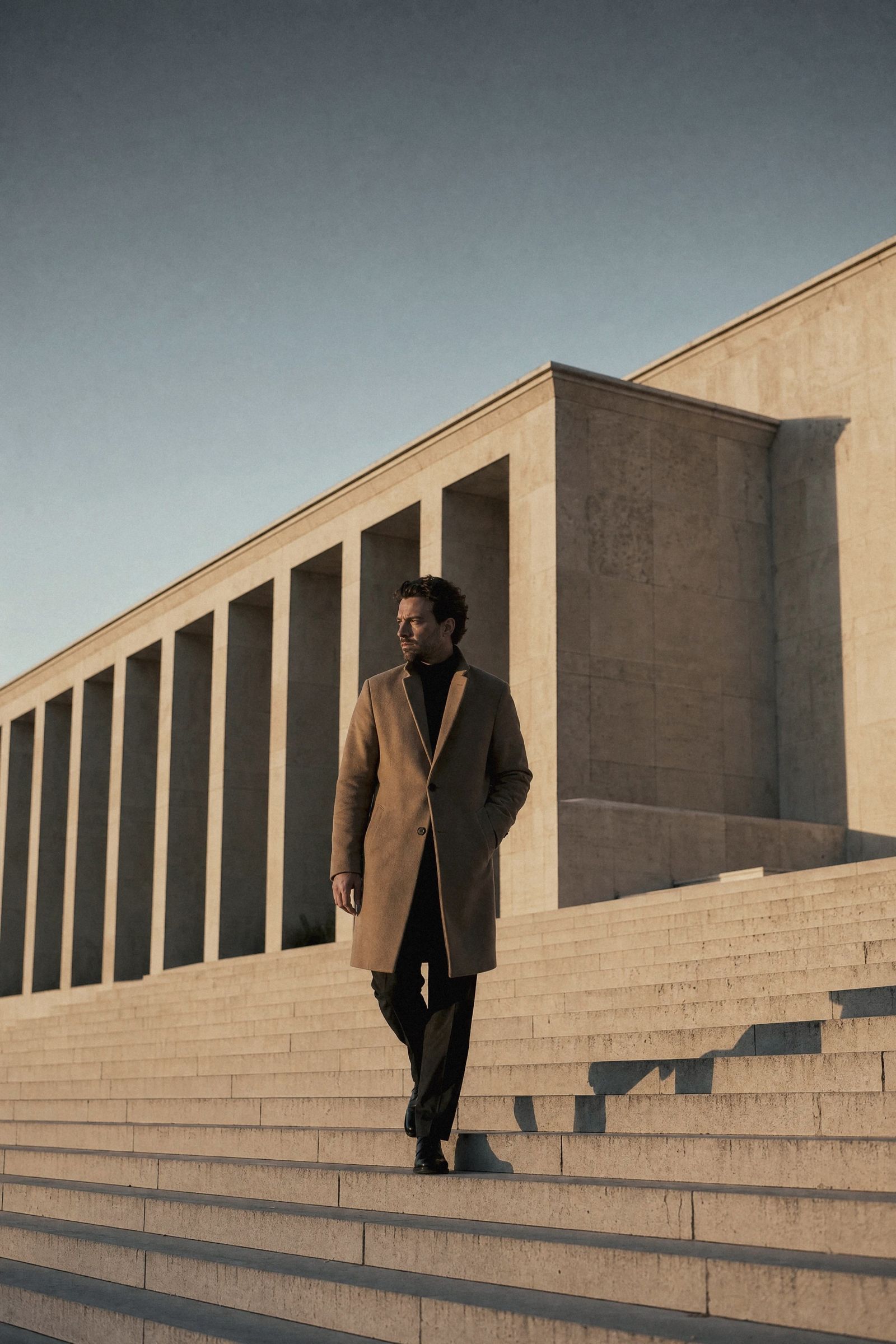 A man walking down the steps of a modern building at golden hour