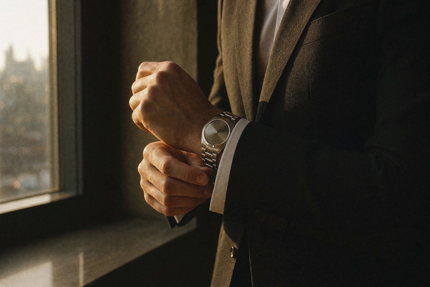 A man checking his watch by a window