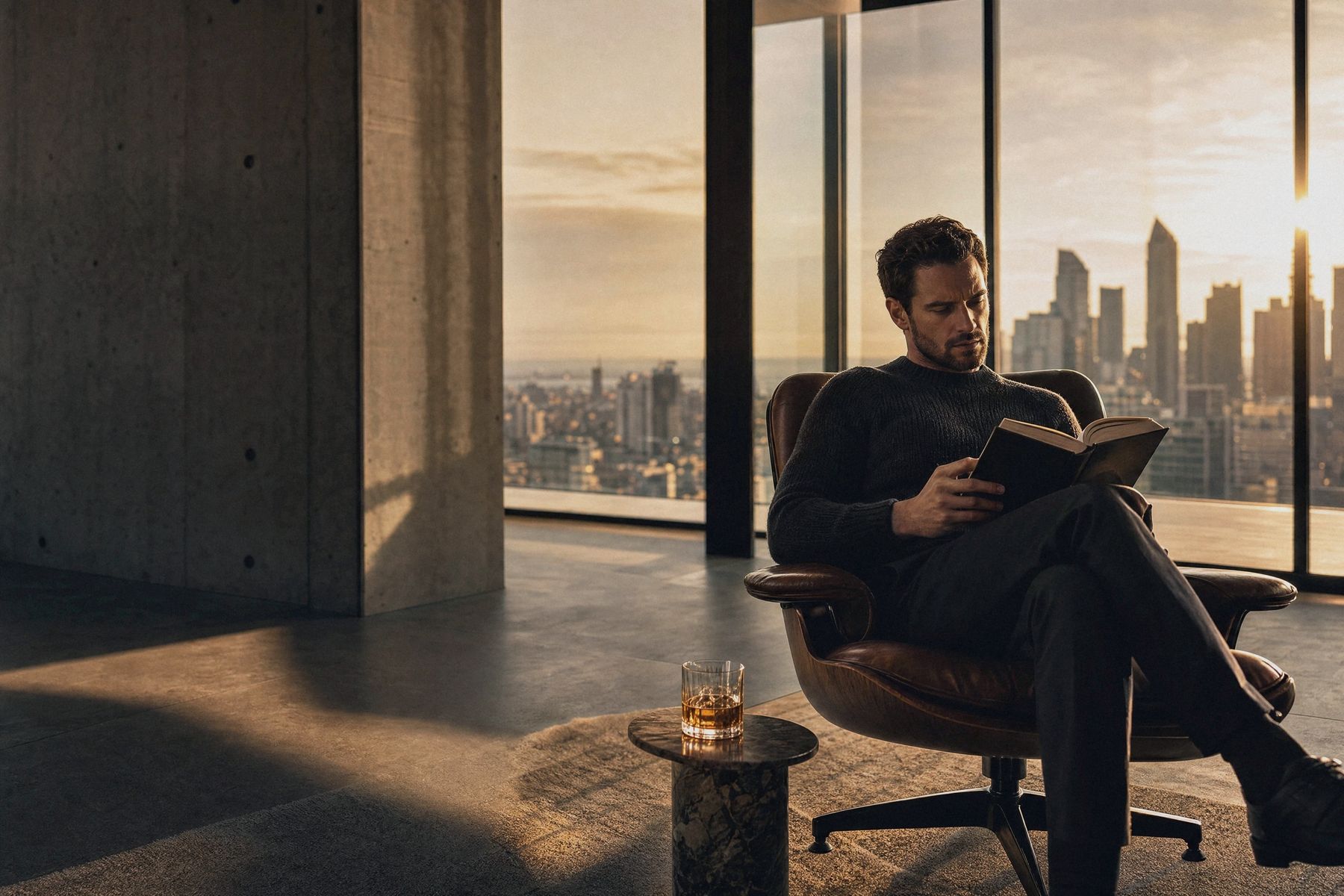 A man reading above the city at golden hour